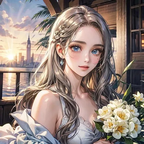 white、Ocean、droopy eyes、Brown eyeballs on face、smile、23 year old female、woman wearing one piece、long hair girl、((long hair girl))、Girl with bangs、detailed face、clean face、((best image quality))、mole、bouquet、bride、Mermaid Dress.Latte colored hair、blue eyes、...