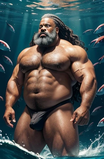    very old African-American man, very gray-haired, very old, silver-haired, extremely muscular and extremely fat, over 70 years old, weighing more than 600 pounds with extremely large, muscular and very flaccid and very hairy breasts and with very large, ...