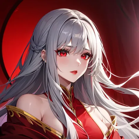 A beautiful girl with long light gray hair and red eyes, red lips, in a red-crimson divine robe,