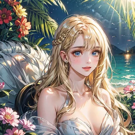 white、Ocean、droopy eyes、Brown eyeballs on face、smile、23 year old female、woman wearing one piece、long hair girl、((long hair girl))、Girl with bangs、detailed face、clean face、((best image quality))、mole、bouquet、bride、Mermaid Dress.golden hair、blue eyes、heroine...