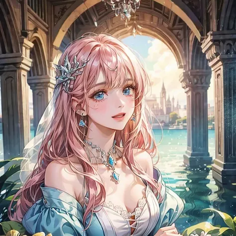 white、Ocean、droopy eyes、Brown eyeballs on face、smile、23 year old female、woman wearing one piece、long hair girl、((long hair girl))、Girl with bangs、detailed face、clean face、((best image quality))、mole、bouquet、bride、Mermaid Dress.pink hair、blue eyes、heroine、b...