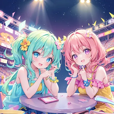 table top, (Two girls and two girls and two girls and two girls in the stadium), Idol, Big eyes, cutetech, cute, cute系, pastel colour, highest quality, Happy, deep background, symmetrical, tilted his head, summer