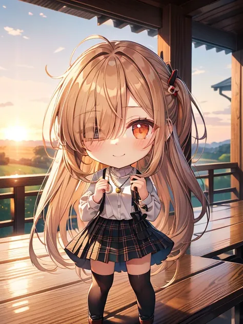 highest quality、table top、1 female、solo、(Chibi:1.5),(closed one eye:1.4)、Smile、close your mouth、Brown Single Blade、white 、black socks、plaid skirt、blush、Akame、evening、lots of countryside、big sunset、orange view、small necklace、