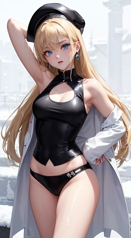 最high quality、best image quality、masterpiece、with a girl((black tank top、white coat、black leather pants、16 years old、teenager、cute、vest bust、big bast,beautiful blue eyes、wide open chest, blonde、Slender,big valley、belligerent movements,Hug gesture、dye one&#...