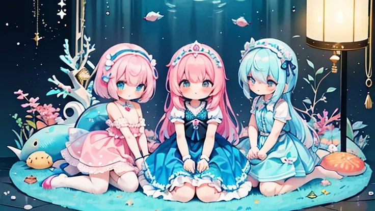 Doll-themed fluttering dress、lots of races、The feel of fish、Blue and pink dress、pink hair、pearlの髪飾り、pearl、Dresses with a lot of decoration、Fish image dress、underwater、coral reef、Postpartum hair accessories、Swaying Dresses、lace gloves、excessive decoration、s...