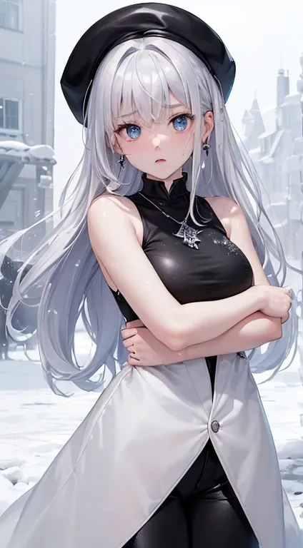 最high quality、best image quality、masterpiece、with a girl((black tank top、white coat、black leather pants、16 years old、teenager、cute、vest bust、big bast,beautiful light blue eyes、wide open chest, silver hair、Slender,big valley、belligerent movements,Hug gestur...