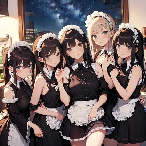 A group of maids, (in kitchen), various hair styles, harem, wearing maid uniform, night, details face, , short skirt, seducing, sleeveless , night, starry night, armpits 