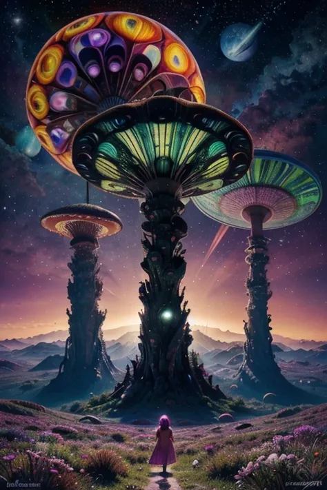 "Create a deeply psychedelic artwork filled with alien mushrooms, towering over a fantastical landscape. Integrate swirling patterns and vibrant colors to evoke a sense of cosmic wonder. Include spacecraft hovering in the sky, their sleek designs juxtapose...