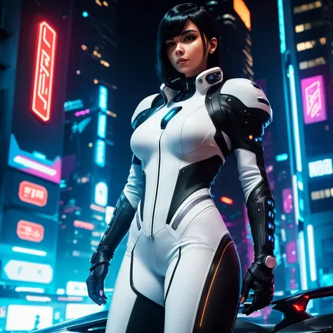 in a night alley of a futuristic city, standing near a futuristic motorcycle, a woman in a white bodysuit, in a cyberpunk style with neon lights and futuristic elements, in a bulletproof vest and a tight-fitting suit, with black hair, in full length, in a ...