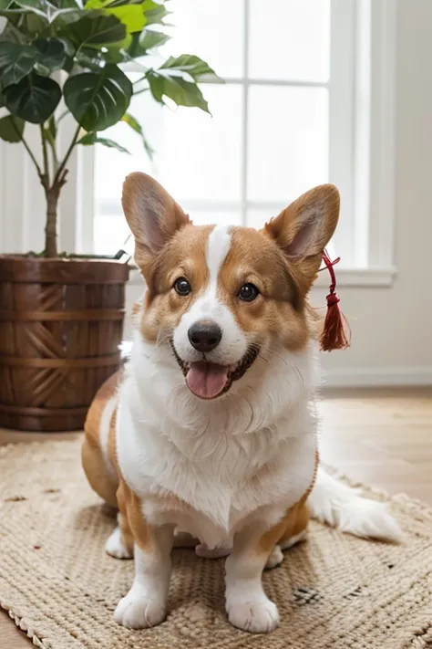 photo of a dog 2 years old Welsh Corgi Pembroke white red male with a long tail with a tassel