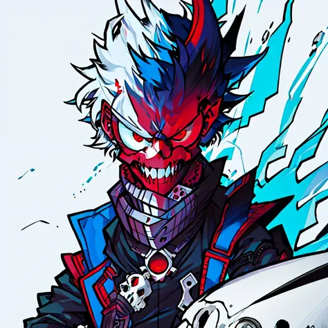 Human Male , BLUE Messy hair  , whiter skull mask, solo  , ((red eyes))