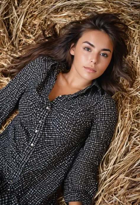 Jeune femme brune de 25 ans, visage fin, cheveux long et noirs, yeux marrons, lying in the hay, sur le dos, chemise ouverte, corps entier, seins nus