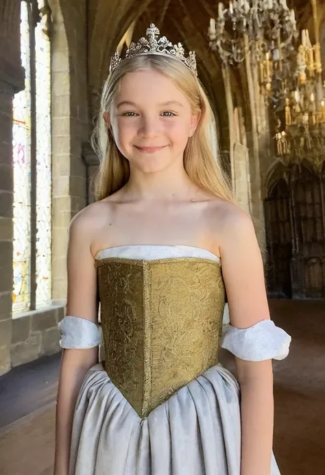 phone photo, natural look of 5th grade girl, wearing (medieval strapless french dress:1.3) , strapless, (arms behind head:1.3), ...