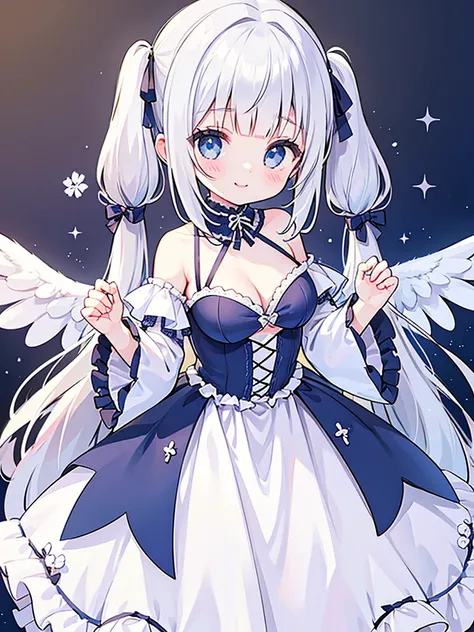 girl、silver hair、blue eyes、low twin tails、smile、White princess dress、frilloe sleeves、off shoulder、join hands、Angel&#39;s wing、big breasts