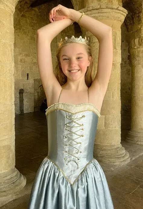 phone photo, natural look of 5th grade girl, wearing (medieval strapless french dress:1.3) , strapless, (arms behind head:1.3), ...