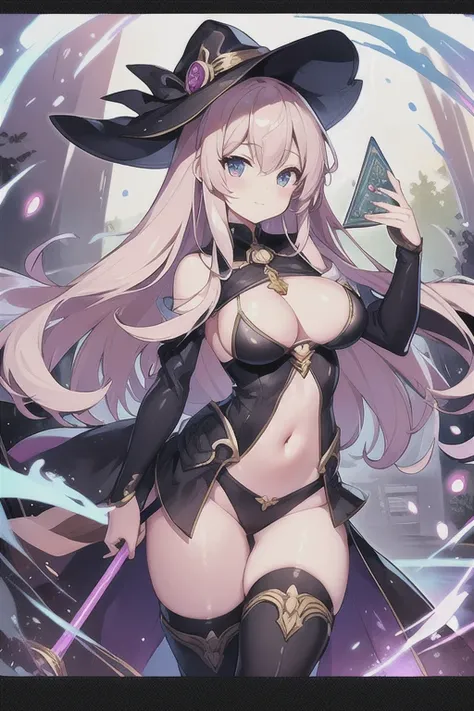 (masterpiece), (highest quality), (Super detailed), (best anatomy), official art, one girl, light colored hair ,  , Magical girl, see-through witch costume, small, cleavage, off shoulder, underboob, side boob, thigh focus, Navel exposed, hands behind body,...