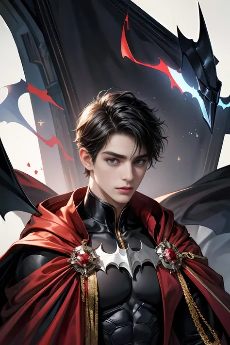 
masterpiece, 最high quality, high quality, 1 boy, alone, male focus, looking at the viewer, whole body, Winning spirit_destiny, Messy black hair, blue adorable big eyes, white people, Noble, Noble, batman、A very big, very big, very big, very long, long red...