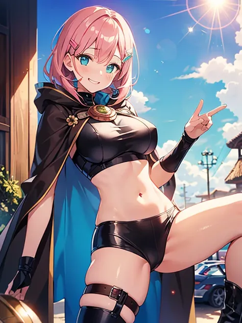 during daytime,((masutepiece)), ((Best Quality)), (Ultra-detailed), ((kawaii)),Exposed legs,Toothy smile,sexypose,Buttocks, Big breasts that are about to burst, sparkling effect, Lens Flare, shiny-glistening, masterpiece, best quality,ultra detail,pink lon...