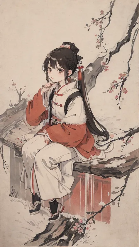 (masterpiece, highest quality: 1.2), traditional chinese ink painting, Cherry Blossom, it&#39;s snowing, red wall