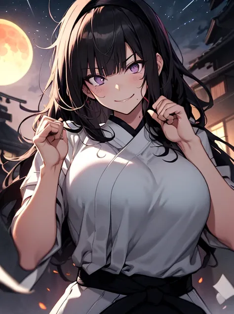 (Hinata) thick body, large naked breasts,exposed breasts, long black hair with bangs, purple eyes, hidden leaf village headband,sweaty, karate pose,seductive, smirk ((dark night)) (red moon)