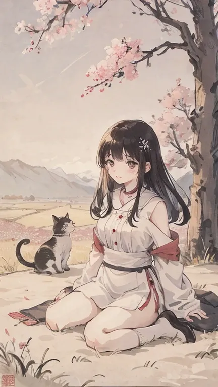 （1:1）Kitten next to a girl、field、Sitting in the steppe、the sky is clear、The wind is blowing,Cherry blossom trees,black hair