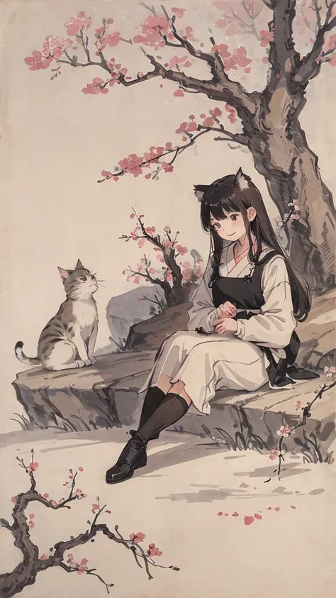 （1:1）Kitten next to a girl、field、Sitting in the steppe、the sky is clear、The wind is blowing,Cherry blossom trees,black hair,smile