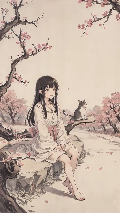 （1:1）Kitten next to a girl、field、Sitting in the steppe、the sky is clear、The wind is blowing,Cherry blossom trees,black hair,smile,walk on the road