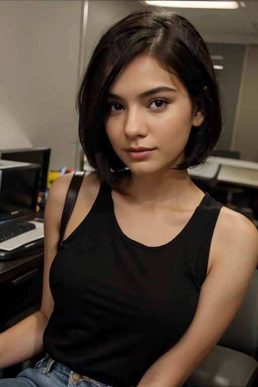 front on cinematic frontal shot, realistic photo of beautiful 24 year old woman with short black hair, sitting behind a desk, staring straight into the camera, talking to camera, stylishly clothed, professional, head and shoulder to waist shot,