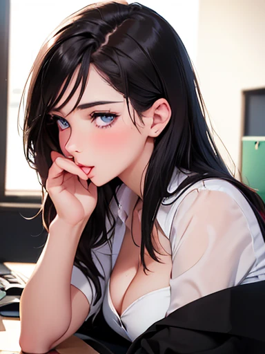 (high quality, High resolution, fine details, actual), ((((A seductive expression)))), Put your hands on my face, rely on, ((((Kiss me)))), alone, miss, ((Female office worker)), Bright Eyes, (exquisite eyes), heart shaped eyes, blush, Shallow depth of fie...