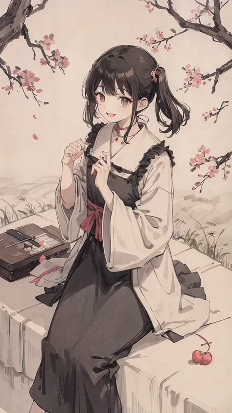 （1:1）Kitten next to a girl、field、Sitting in the steppe、the sky is clear、The wind is blowing,Cherry blossom trees,black hair,smile,walk on the road