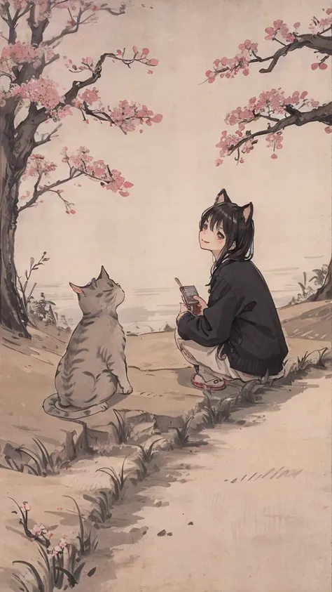 （1:1）Kitten next to a girl、field、Sitting in the steppe、the sky is clear、The wind is blowing,Cherry blossom trees,black hair,smile,walk on the road