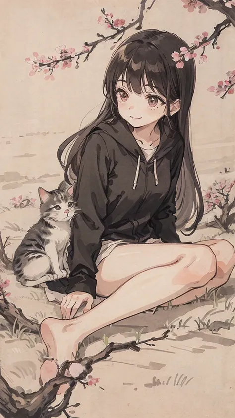 （1:1）Kitten next to a girl、field、Sitting in the steppe、the sky is clear、The wind is blowing,Cherry blossom trees,black hair,smile,walk on the road