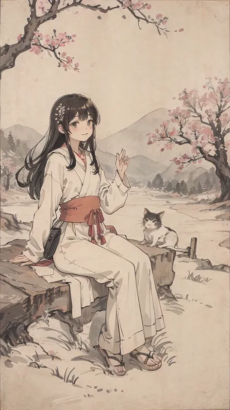 （1:1）Kitten next to a girl、field、Sitting in the steppe、the sky is clear、The wind is blowing,Cherry blossom trees,black hair,smile,walk on the road