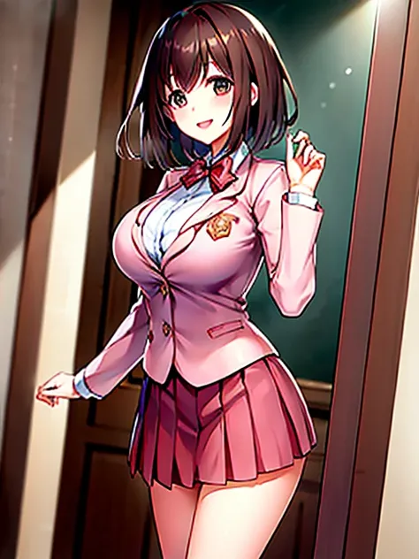 high quality，masterpiece。Cute brown-haired woman，The hairstyle is short hair。She stands upright with her face and body facing the viewer，true identity。her hands are empty，Both hands are not posed。she looks tall。Her breasts are huge and very big，Good style。...