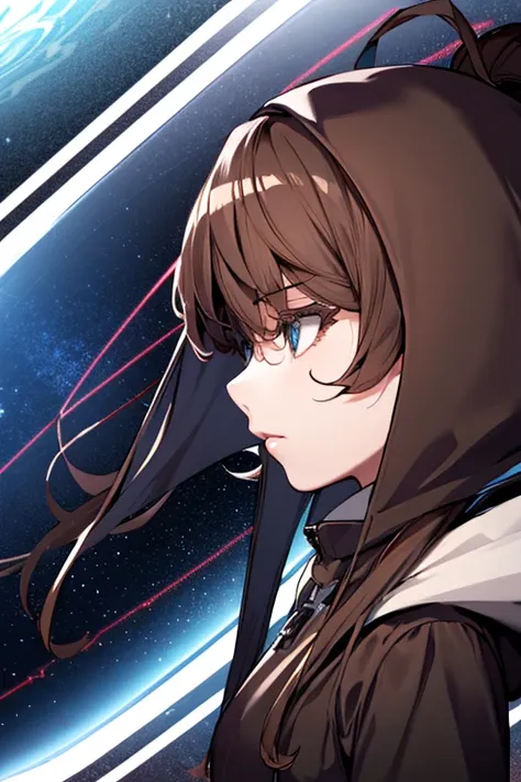 vramsonsie, brown hair, 1girl, solo, onsie, milky way, saturn, floating in space in the vast expanse of outer space, headshot, hood up, behind glass, three quarter view