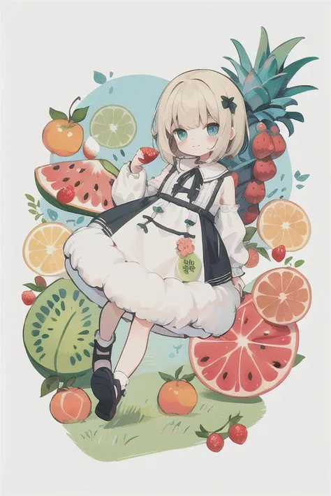 highest quality,(cute:1.1),(cute),(High resolution:1.2),incredibly absurd:1.3,incredible illustrations, 1 girl, alone, (fruit:1.5), (dress:1.2), faint smile, (cute illustration:1.2), (Fluffy illustration:1.2), full body,dutch angle