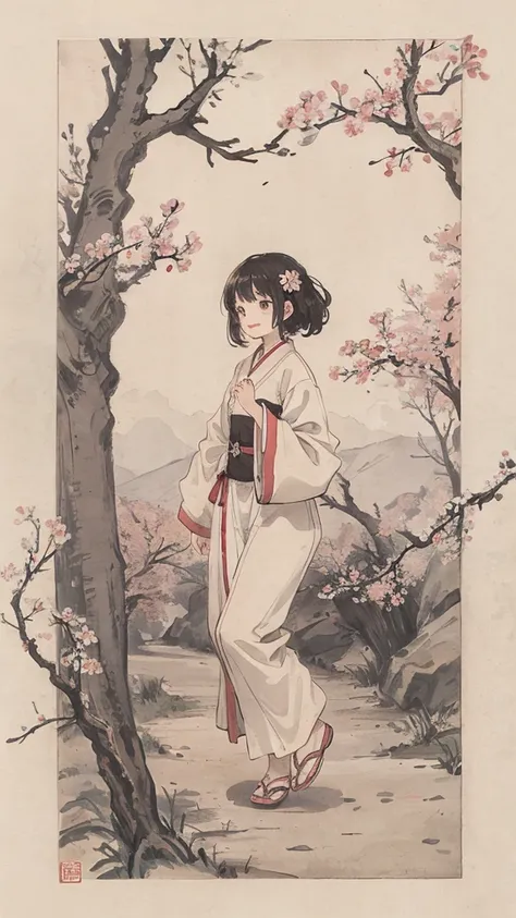 （1:1）1 female,Standing in the city,the sky is clear、The wind is blowing,Cherry blossom trees,black hair,smile,walk on the road