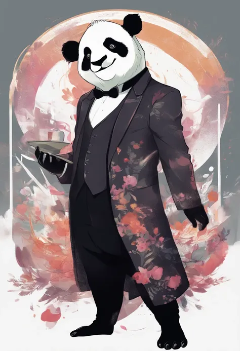 anthropomorphic panda, de cuerpo entero, vestido formalmente con un blazer, sostiene una bandeja, pegatina de panda, sticker de panda.