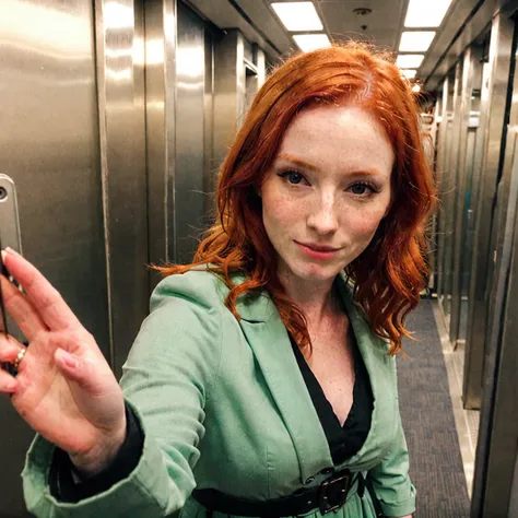 A redhead woman in a dressed selfie dans un ascenseur 