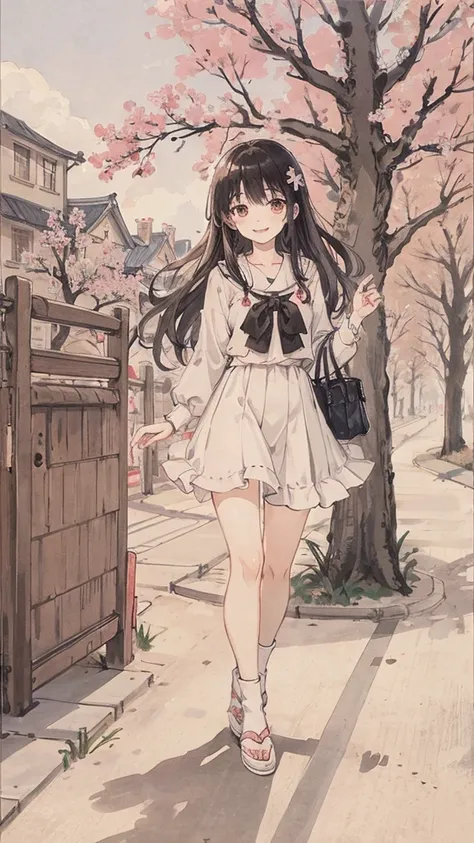 （1:1）1 female,Standing in the city,the sky is clear、The wind is blowing,Cherry blossom trees,black hair,smile,walk on the road