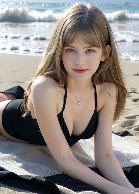 20 year old beautiful girl、best quality, quality, masterpiece, realistic, 1 girl, baby face、cute、alone,slim、 Lying on the beach, long blonde hair,blonde、medium long hair、 Show me your side、dull bangs, looking at the viewer, smile, full body,  black skirt b...