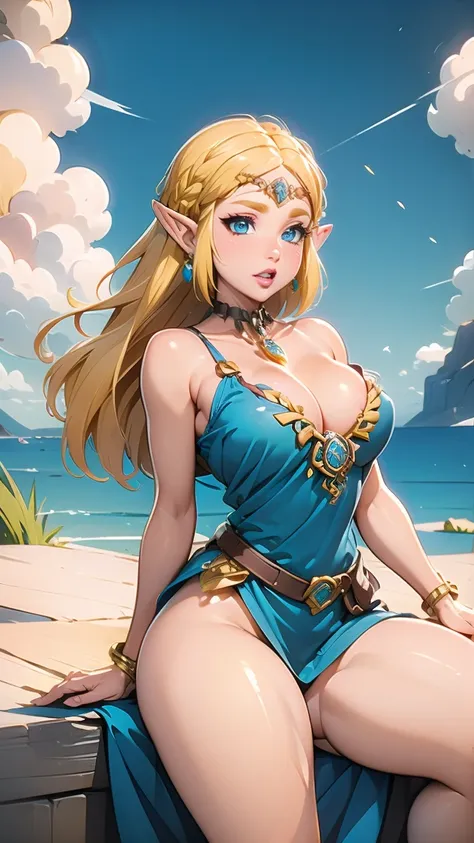 ((masterpiece)), ((best quality)), (detailed), perfect, solo, zelda, gorgeous woman with bikini, luscious lips, long hair, huge breast, deep cleavage, huge breasts, sexy,