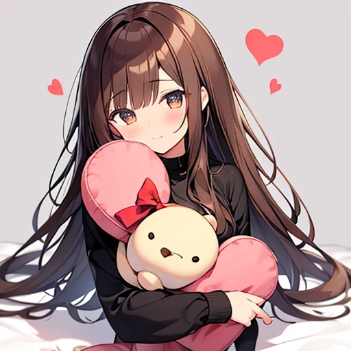 Happy , brown hair, Girl holding a big heart, shining heart, Cuddly heart teddy bear, brown eyes, Happy, Simple Chibi, とてもcute, adorable, cute, Big eyes, A giant stuffed heart in his hands, sit on the floor, I can see the whole body, cute小さな足, Heart-shaped...