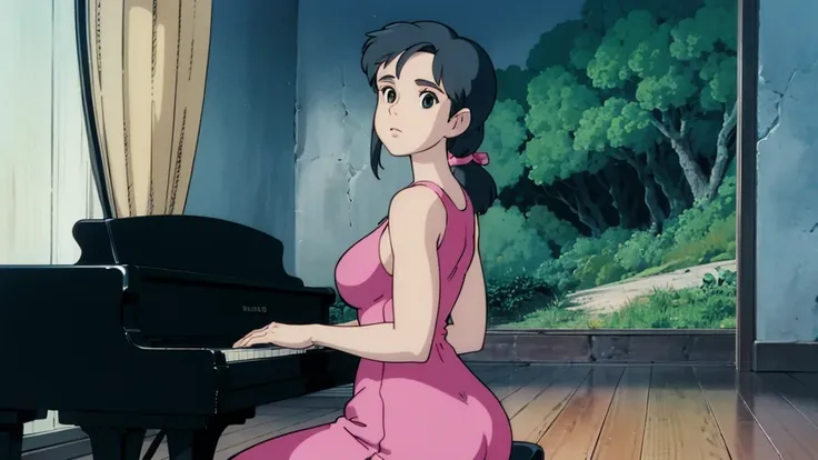 estilo ghibli, A scene of one cute sexy girl sitting playing the piano in her room in short pajamas, Ponytail, medium breasts, sexy, back view, bunda bonita, nice view of her butt, aconchegante, um pouco escuro e azul por dentro, a soft, warm light enters ...