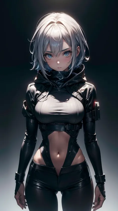 (Highly detailed CG unit 8k wallpaper, masterpiece, High resolution, highest quality, natural skin texture), ((20 year old woman, Composition from head to abdomen:1.5, upper body focus:1.5)), Hands in pockets pose:1.5, detailed eyes, gradient eyes, hooded ...