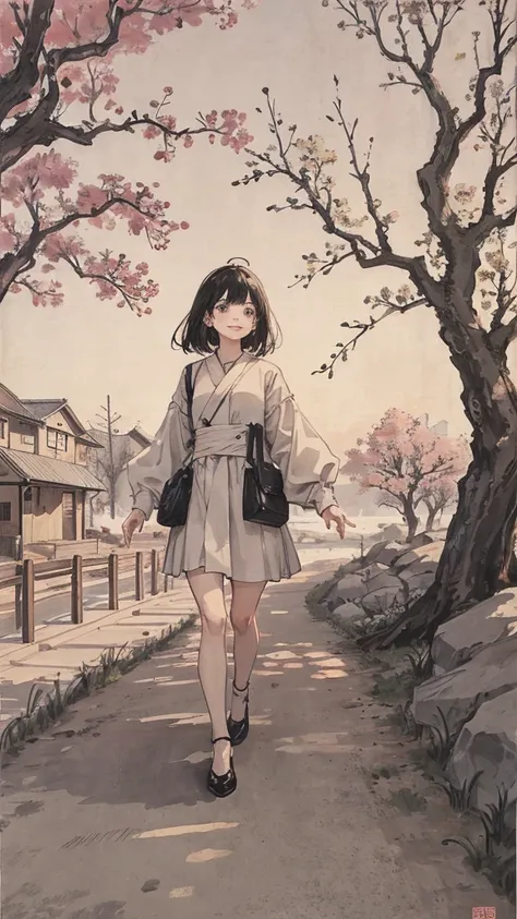 （1:1）1 female,Standing in the city,the sky is clear、The wind is blowing,Cherry tree,black hair,smile,Walking on the road,Background center,turn to the side