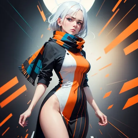 Abstract surreal colorful simple painted full body woman,spikes hair,adult body,blue eyes, tartan scarf,((white/orange wear)), (white hair by atey ghailan:1.15),sexy pose, black-orange Blood fountain in Outer space, made of lines, vertical lines,mphasis ef...