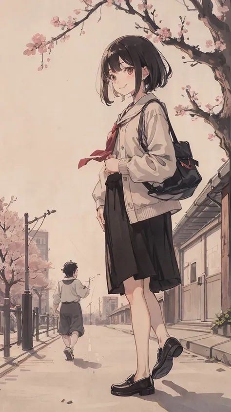 （1:1）1 female,Standing in the city,the sky is clear、The wind is blowing,Cherry blossom trees,black hair,smile,walk on the road,cityscape,small person