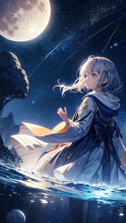 Wear a river picture, stars in the sky, and the moon、Condensed beauty, Concept art inspired by Mitsuoki Tosa, Pixiv contest winners, highest quality, fantasy art, beautiful anime scene, Bright round moon, starry sky environment in the moonlight, dream pict...