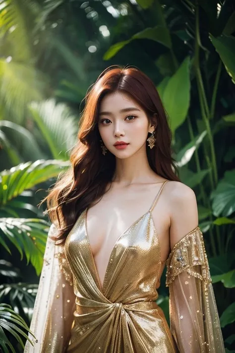 In 8k resolution, capture a 20-years-old woman with delicate facial features, cute yet detailed makeup, and long, disheveled dark red hair. Adorned in modern womens clothing with luxurious accessories, she stands tall amidst tropical trees, exuding confide...